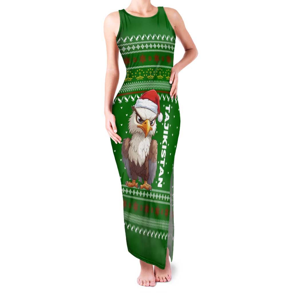 Tajikistan Christmas Family Matching Tank Maxi Dress and Hawaiian Shirt with Santa Hat Eagle Green Snowflake Pattern and Holiday Design - Wonder Print Shop