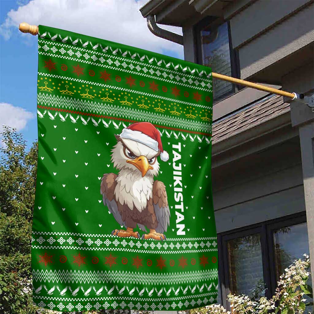 Tajikistan Christmas Garden Flag with Santa Hat Eagle Green Snowflake Pattern and Holiday Design - Wonder Print Shop