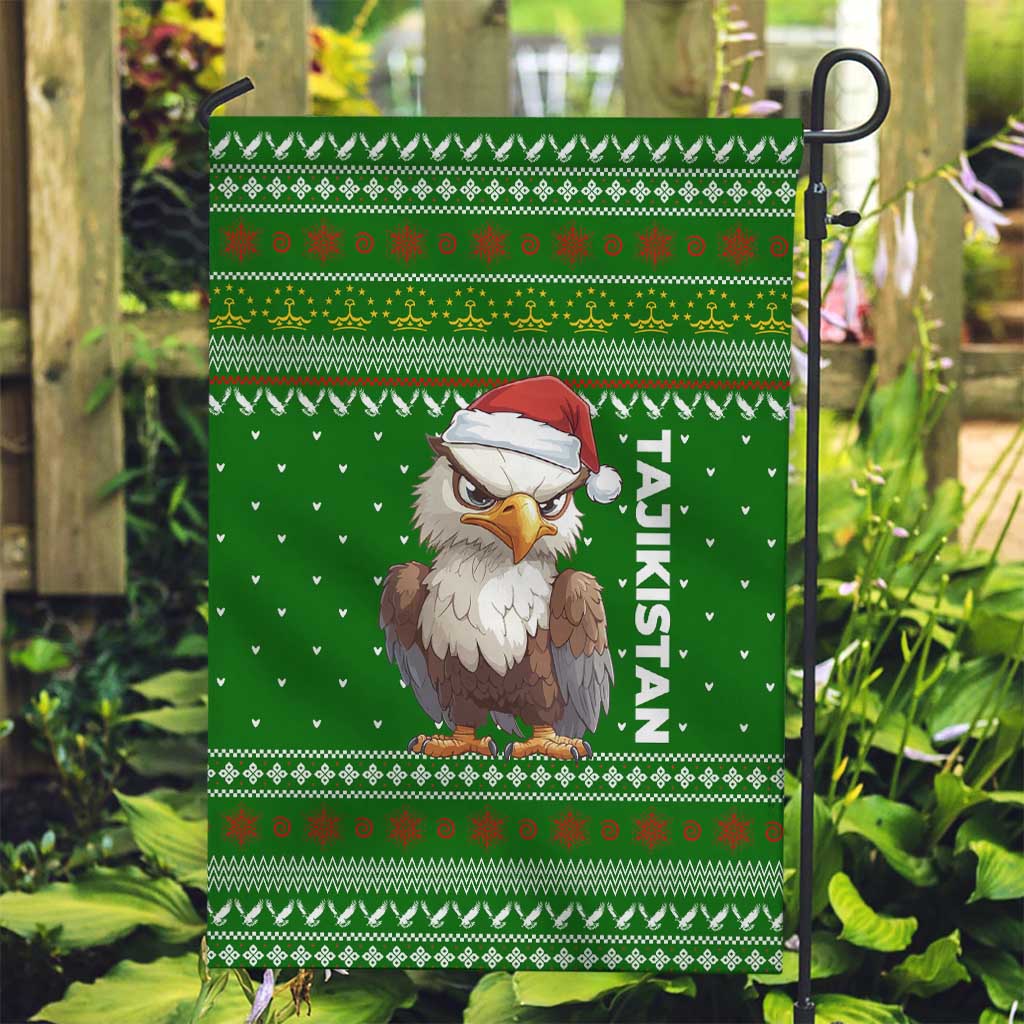 Tajikistan Christmas Garden Flag with Santa Hat Eagle Green Snowflake Pattern and Holiday Design - Wonder Print Shop