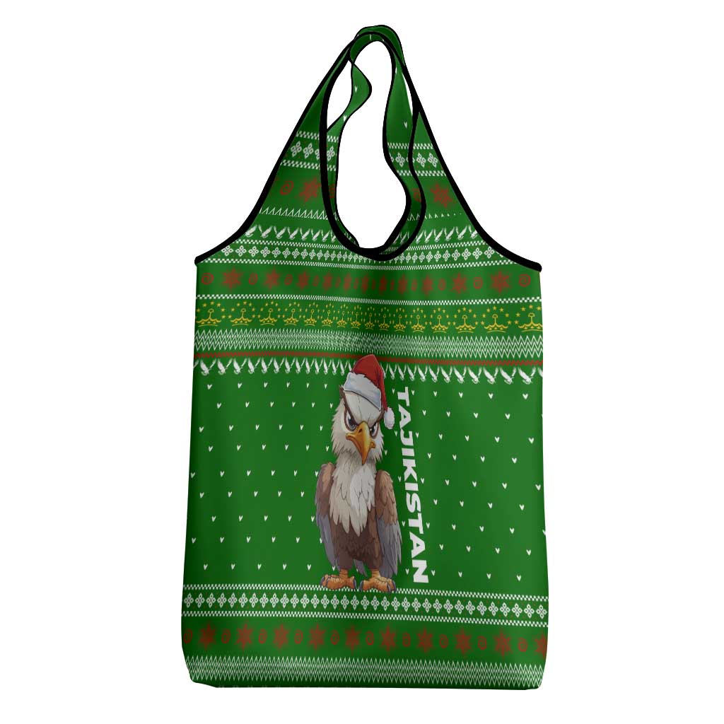 Tajikistan Christmas Grocery Bag with Santa Hat Eagle Green Snowflake Pattern and Holiday Design - Wonder Print Shop