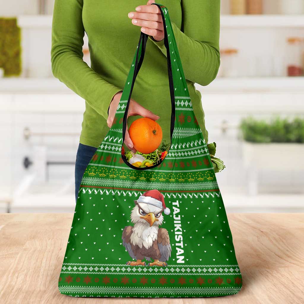 Tajikistan Christmas Grocery Bag with Santa Hat Eagle Green Snowflake Pattern and Holiday Design - Wonder Print Shop