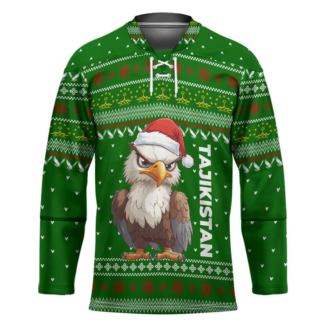 Tajikistan Christmas Hockey Jersey with Santa Hat Eagle Green Snowflake Pattern and Holiday Design - Wonder Print Shop