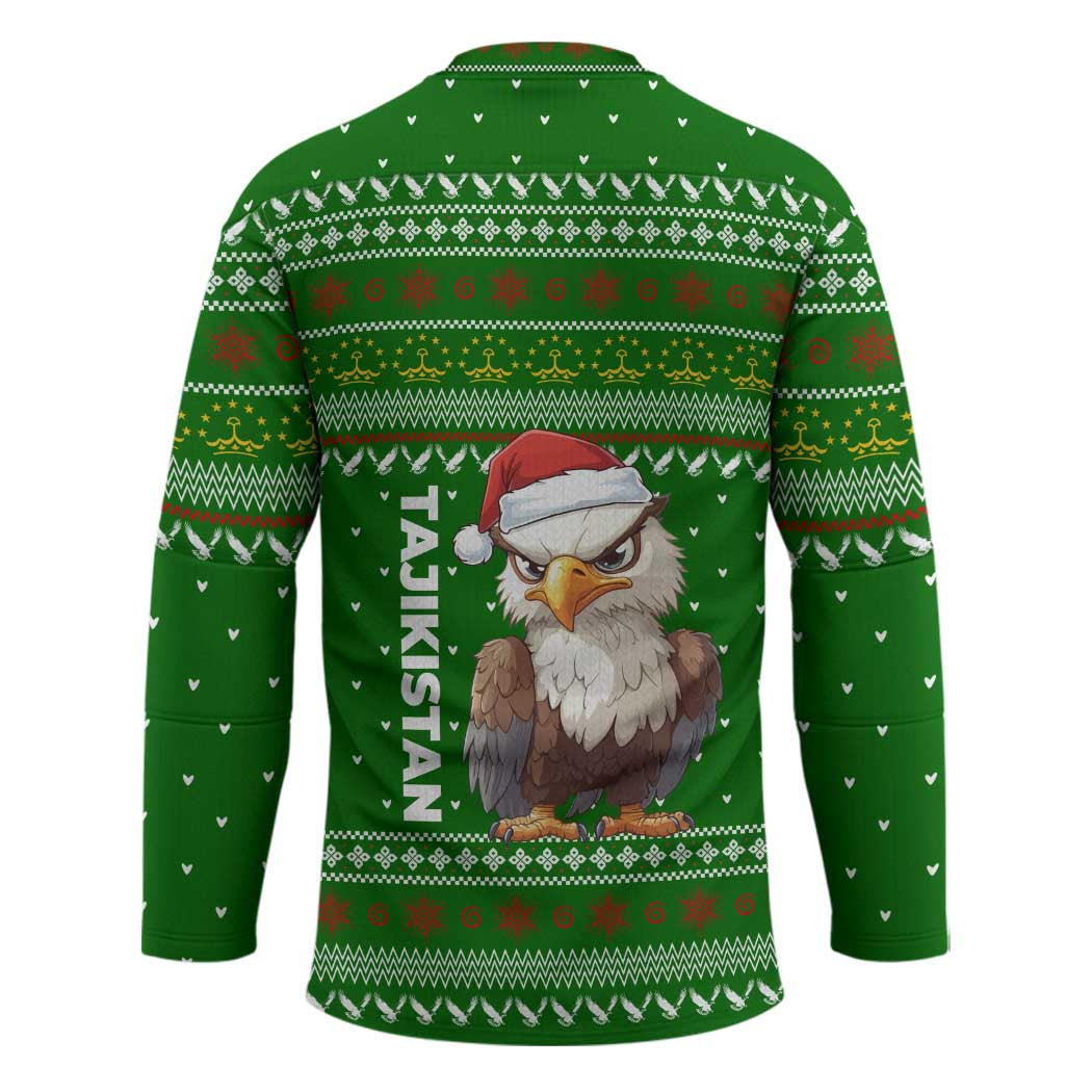 Tajikistan Christmas Hockey Jersey with Santa Hat Eagle Green Snowflake Pattern and Holiday Design - Wonder Print Shop