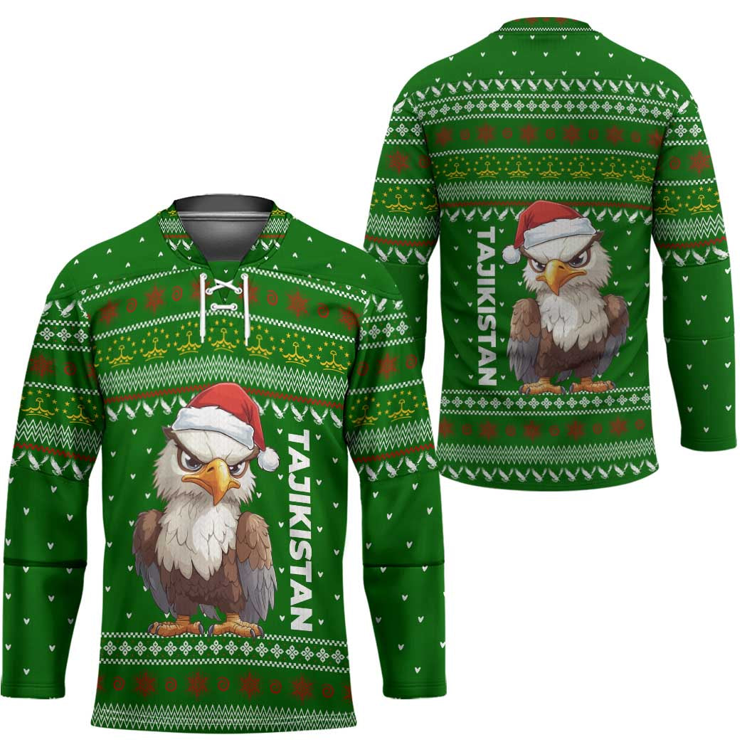 Tajikistan Christmas Hockey Jersey with Santa Hat Eagle Green Snowflake Pattern and Holiday Design - Wonder Print Shop