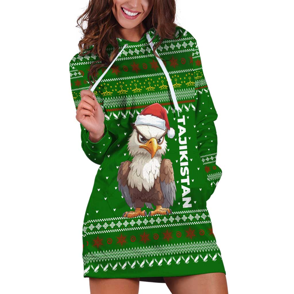 Tajikistan Christmas Hoodie Dress with Santa Hat Eagle Green Snowflake Pattern and Holiday Design - Wonder Print Shop