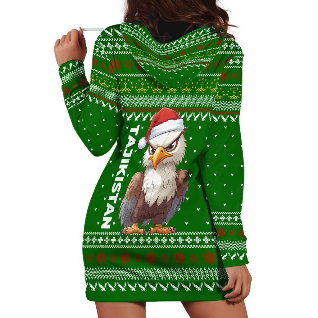 Tajikistan Christmas Hoodie Dress with Santa Hat Eagle Green Snowflake Pattern and Holiday Design - Wonder Print Shop