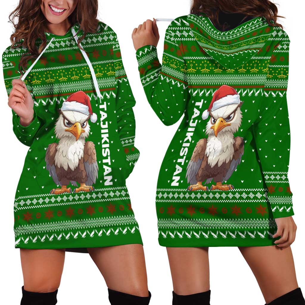 Tajikistan Christmas Hoodie Dress with Santa Hat Eagle Green Snowflake Pattern and Holiday Design - Wonder Print Shop