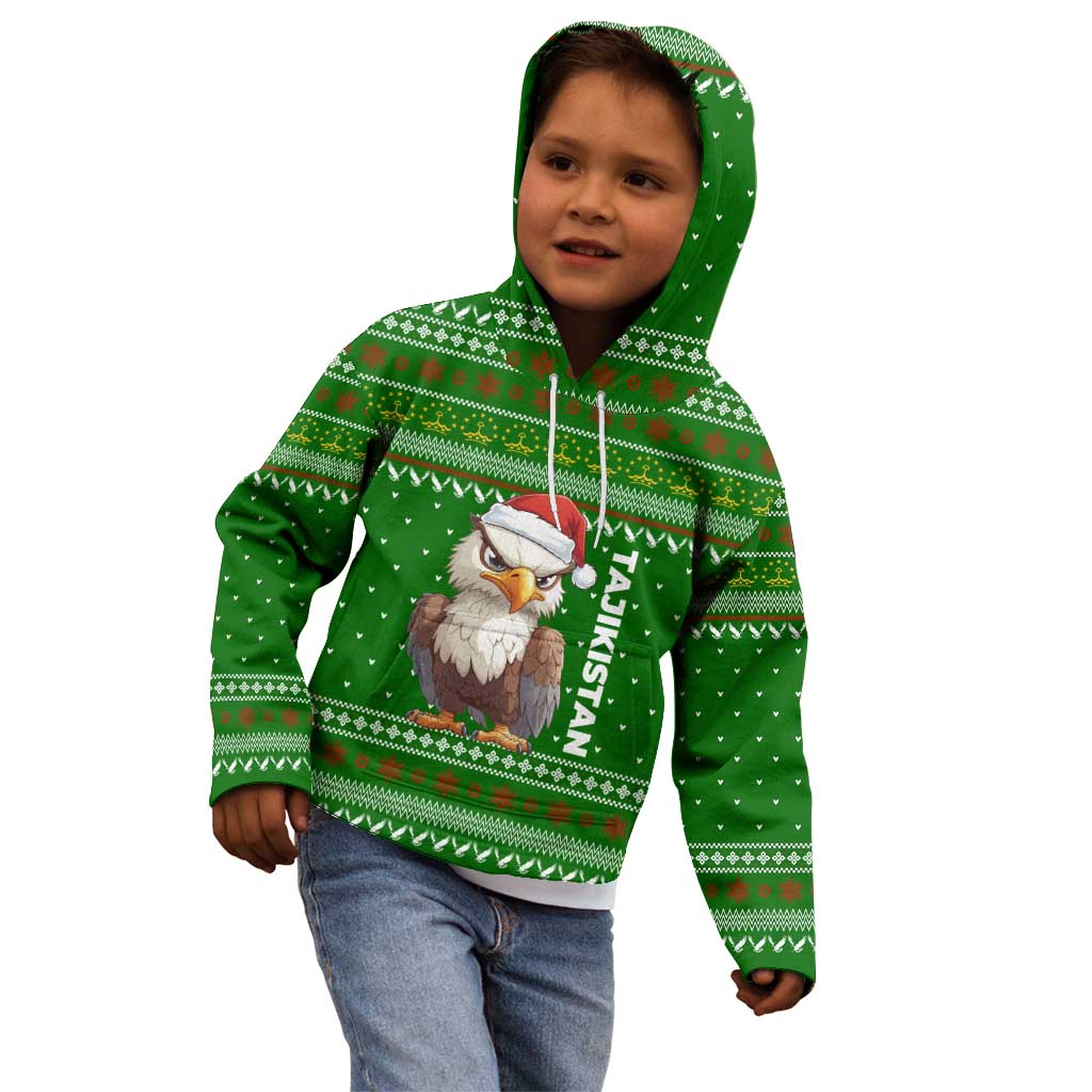 Tajikistan Christmas Kid Hoodie with Santa Hat Eagle Green Snowflake Pattern and Holiday Design - Wonder Print Shop