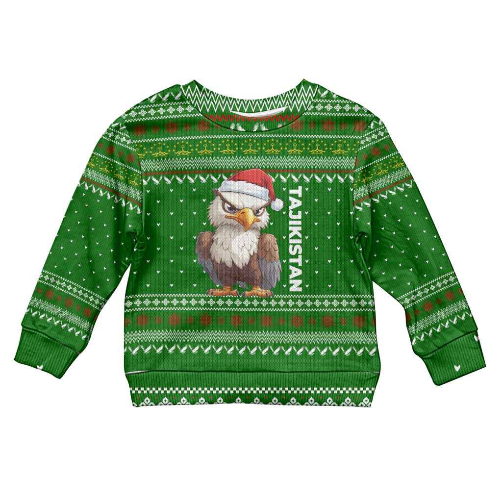 Tajikistan Christmas Kid Ugly Christmas Sweater with Santa Hat Eagle Green Snowflake Pattern and Holiday Design - Wonder Print Shop