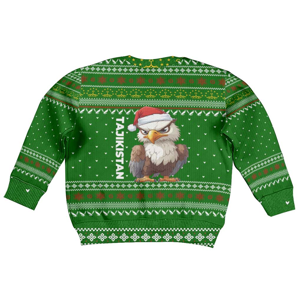 Tajikistan Christmas Kid Ugly Christmas Sweater with Santa Hat Eagle Green Snowflake Pattern and Holiday Design - Wonder Print Shop