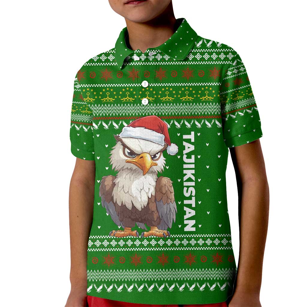 Tajikistan Christmas Kid Polo Shirt with Santa Hat Eagle Green Snowflake Pattern and Holiday Design - Wonder Print Shop