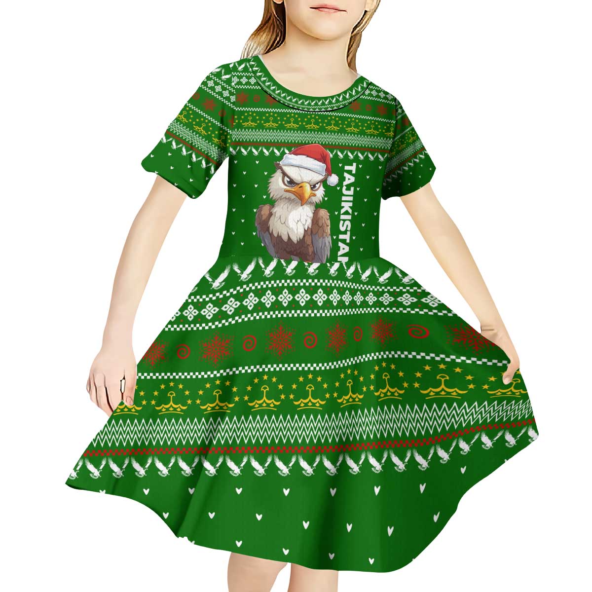 Tajikistan Christmas Kid Short Sleeve Dress with Santa Hat Eagle Green Snowflake Pattern and Holiday Design - Wonder Print Shop