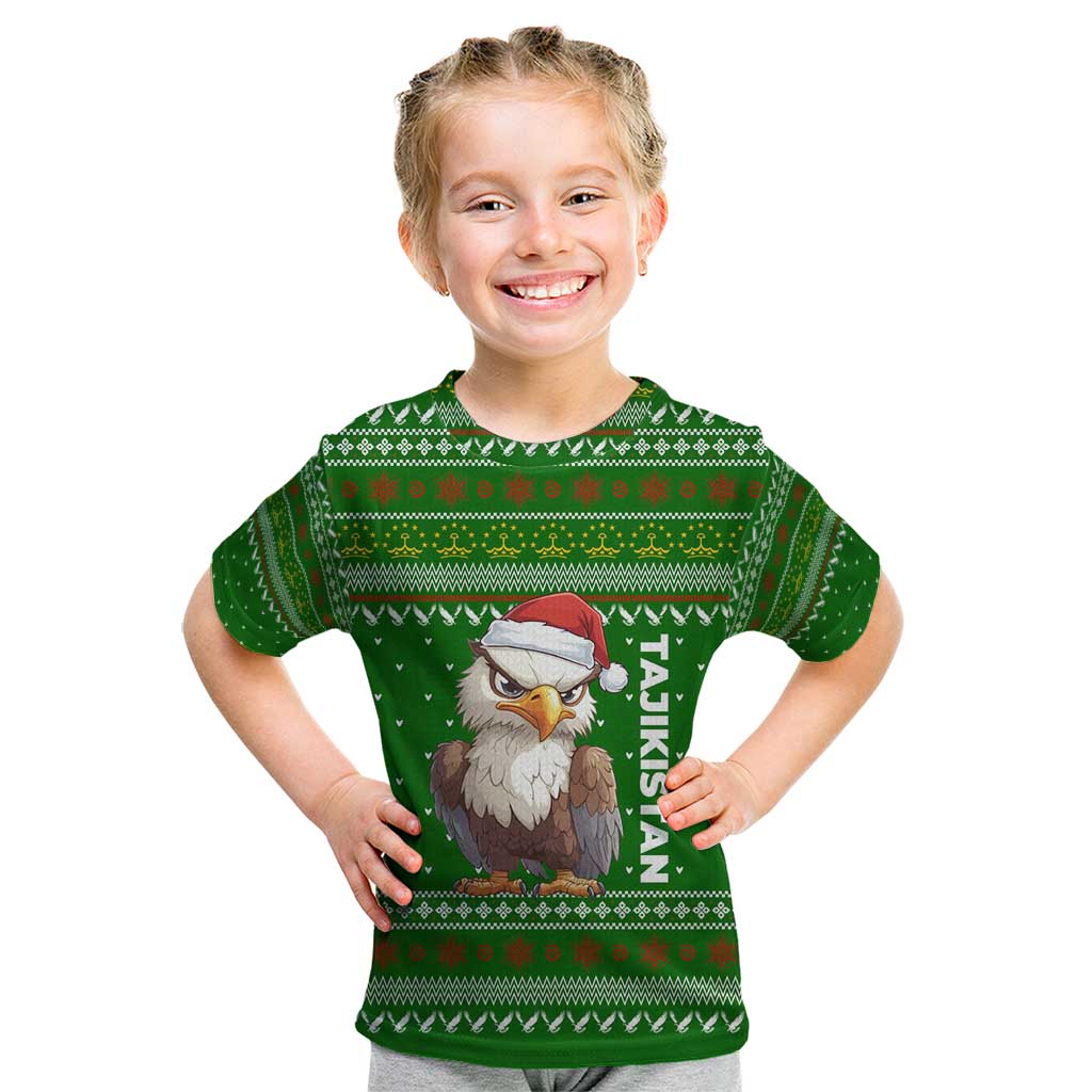 Tajikistan Christmas Kid T Shirt with Santa Hat Eagle Green Snowflake Pattern and Holiday Design - Wonder Print Shop