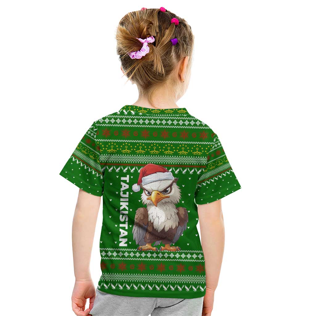 Tajikistan Christmas Kid T Shirt with Santa Hat Eagle Green Snowflake Pattern and Holiday Design - Wonder Print Shop