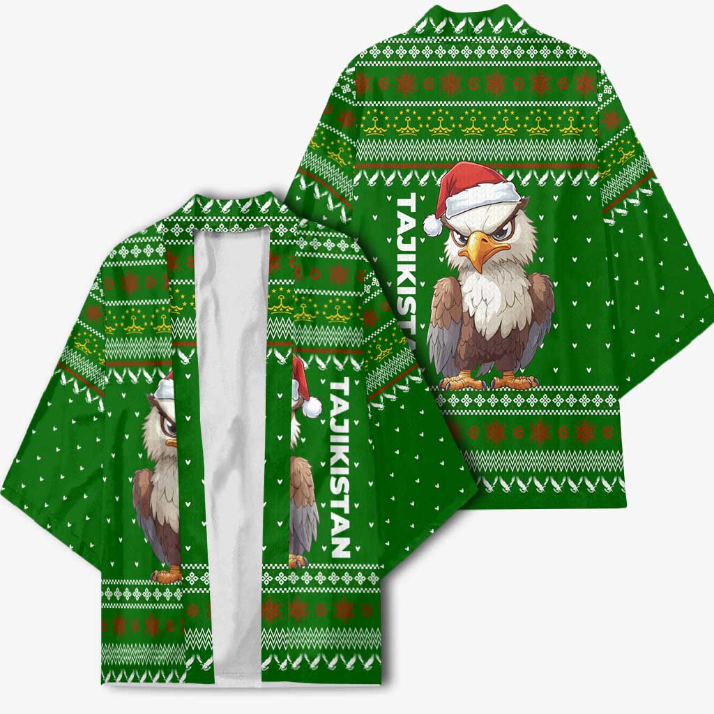 Tajikistan Christmas Kimono with Santa Hat Eagle Green Snowflake Pattern and Holiday Design - Wonder Print Shop
