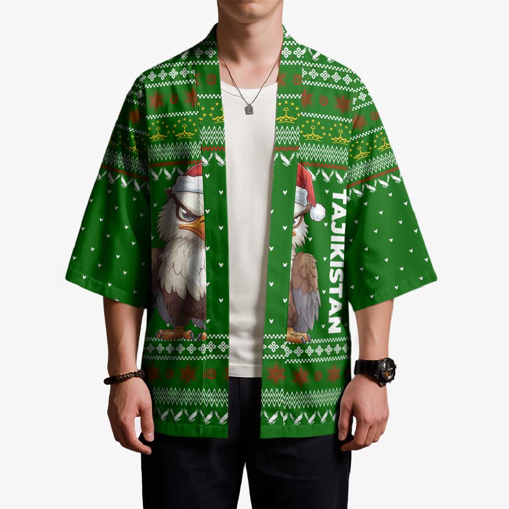 Tajikistan Christmas Kimono with Santa Hat Eagle Green Snowflake Pattern and Holiday Design - Wonder Print Shop