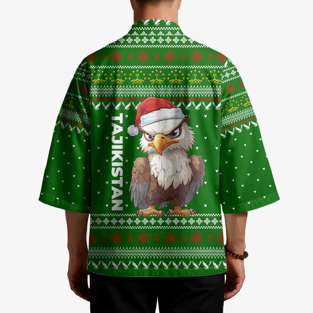 Tajikistan Christmas Kimono with Santa Hat Eagle Green Snowflake Pattern and Holiday Design - Wonder Print Shop