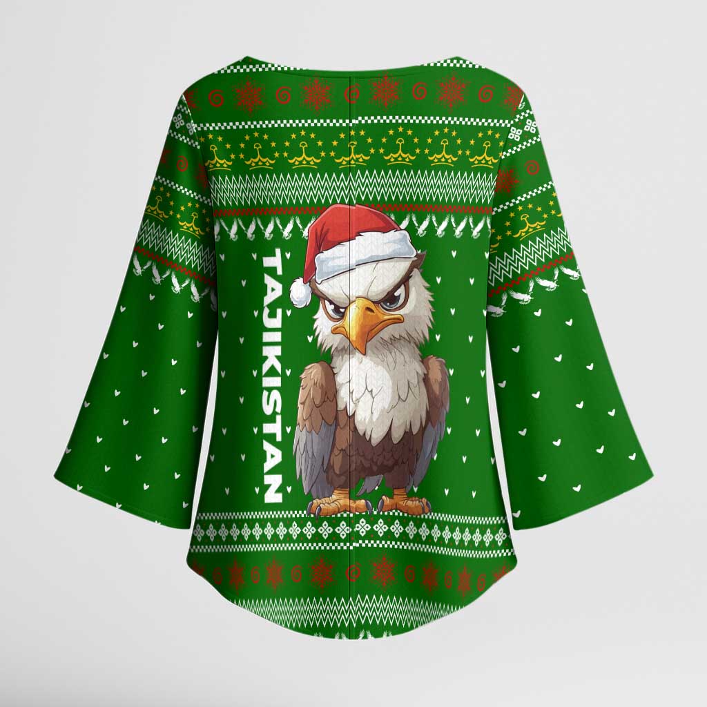 Tajikistan Christmas Kimono Sleeve Blouse with Santa Hat Eagle Green Snowflake Pattern and Holiday Design - Wonder Print Shop