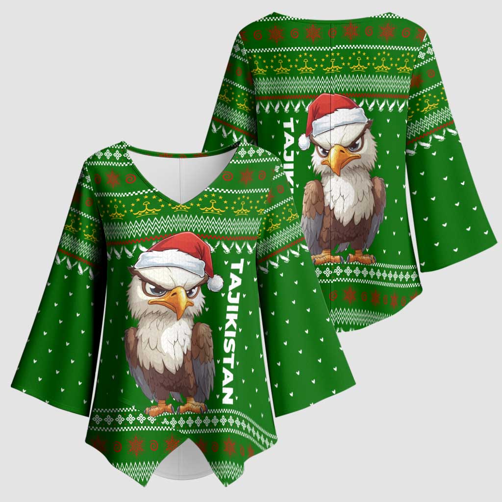 Tajikistan Christmas Kimono Sleeve Blouse with Santa Hat Eagle Green Snowflake Pattern and Holiday Design - Wonder Print Shop