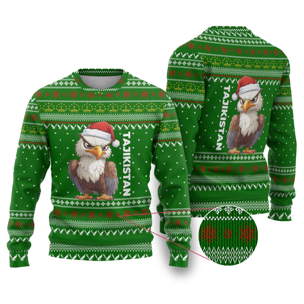 Tajikistan Christmas Ugly Christmas Sweater with Santa Hat Eagle Green Snowflake Pattern and Holiday Design - Wonder Print Shop