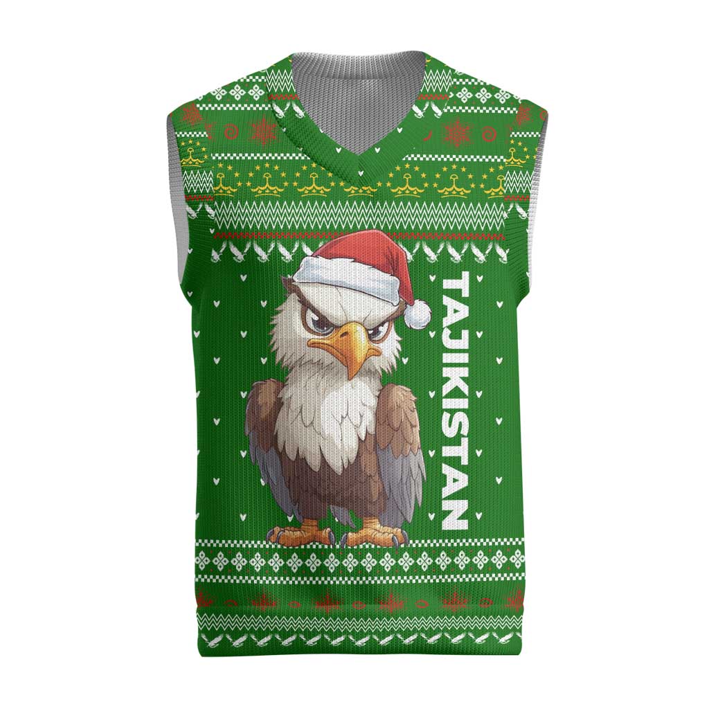 Tajikistan Christmas Knitted V-Neck Vest with Santa Hat Eagle Green Snowflake Pattern and Holiday Design - Wonder Print Shop