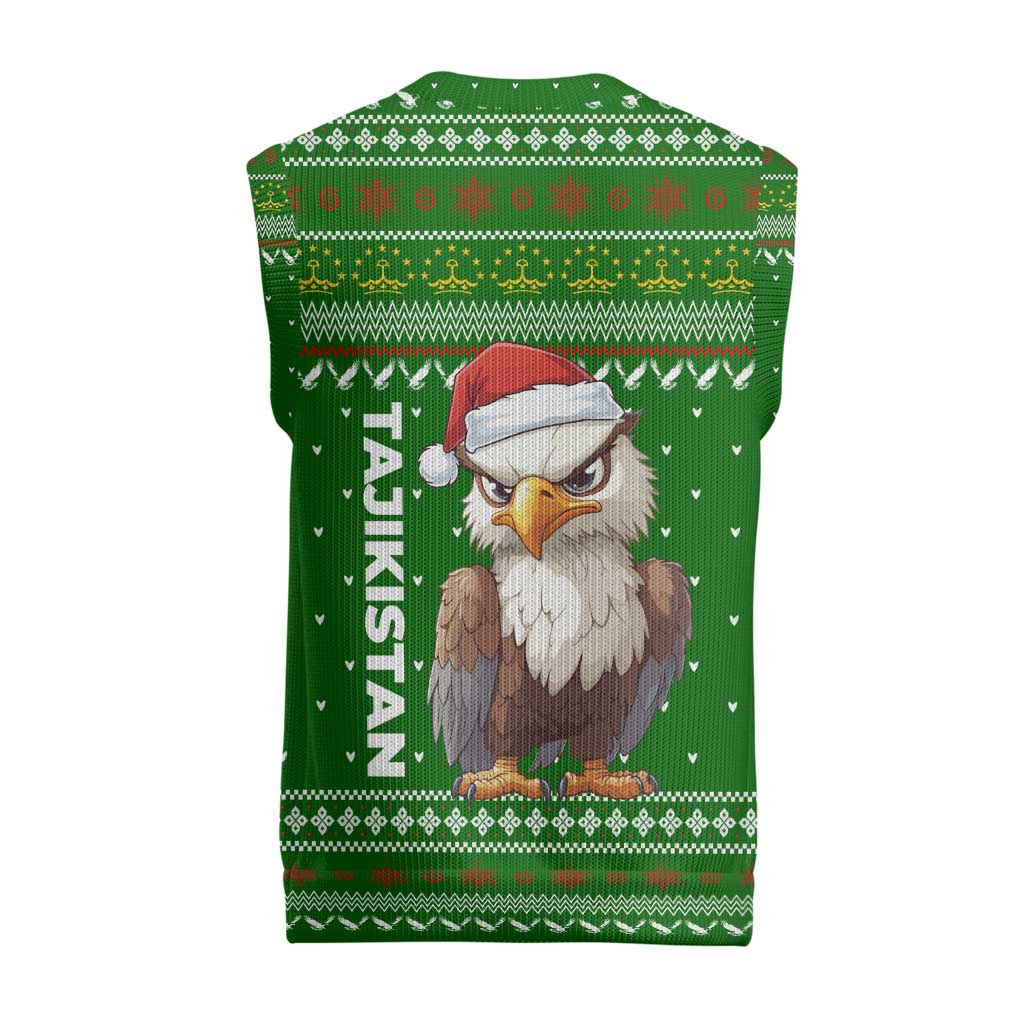 Tajikistan Christmas Knitted V-Neck Vest with Santa Hat Eagle Green Snowflake Pattern and Holiday Design - Wonder Print Shop