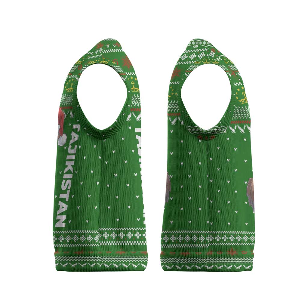 Tajikistan Christmas Knitted V-Neck Vest with Santa Hat Eagle Green Snowflake Pattern and Holiday Design - Wonder Print Shop