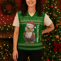 Tajikistan Christmas Knitted V-Neck Vest with Santa Hat Eagle Green Snowflake Pattern and Holiday Design - Wonder Print Shop