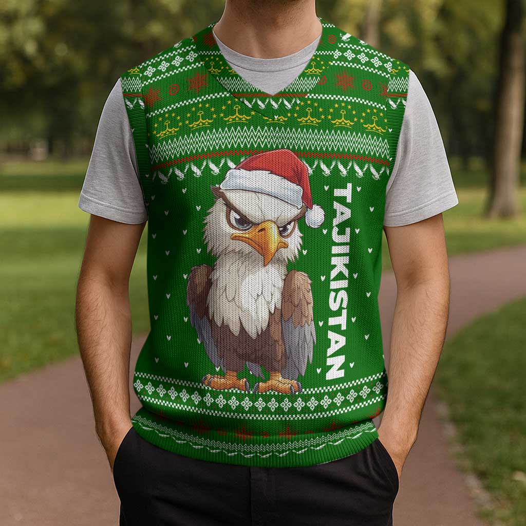 Tajikistan Christmas Knitted V-Neck Vest with Santa Hat Eagle Green Snowflake Pattern and Holiday Design - Wonder Print Shop