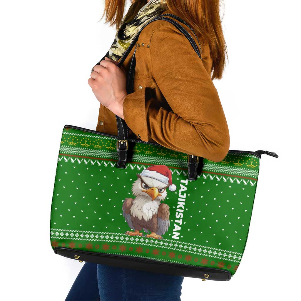 Tajikistan Christmas Leather Tote Bag with Santa Hat Eagle Green Snowflake Pattern and Holiday Design - Wonder Print Shop