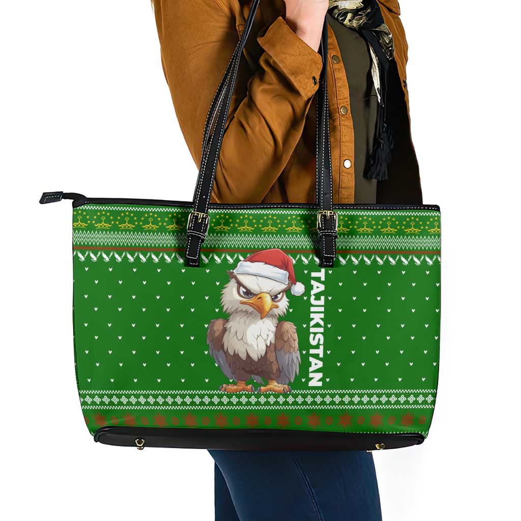Tajikistan Christmas Leather Tote Bag with Santa Hat Eagle Green Snowflake Pattern and Holiday Design - Wonder Print Shop