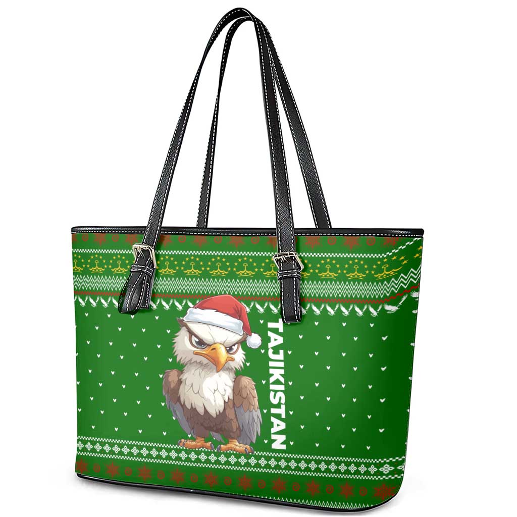 Tajikistan Christmas Leather Tote Bag with Santa Hat Eagle Green Snowflake Pattern and Holiday Design - Wonder Print Shop