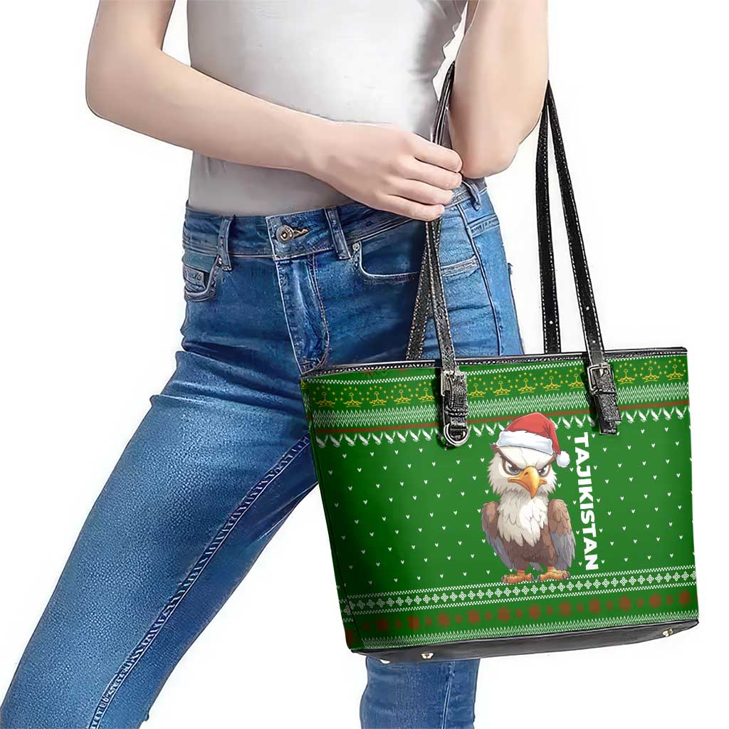 Tajikistan Christmas Leather Tote Bag with Santa Hat Eagle Green Snowflake Pattern and Holiday Design - Wonder Print Shop