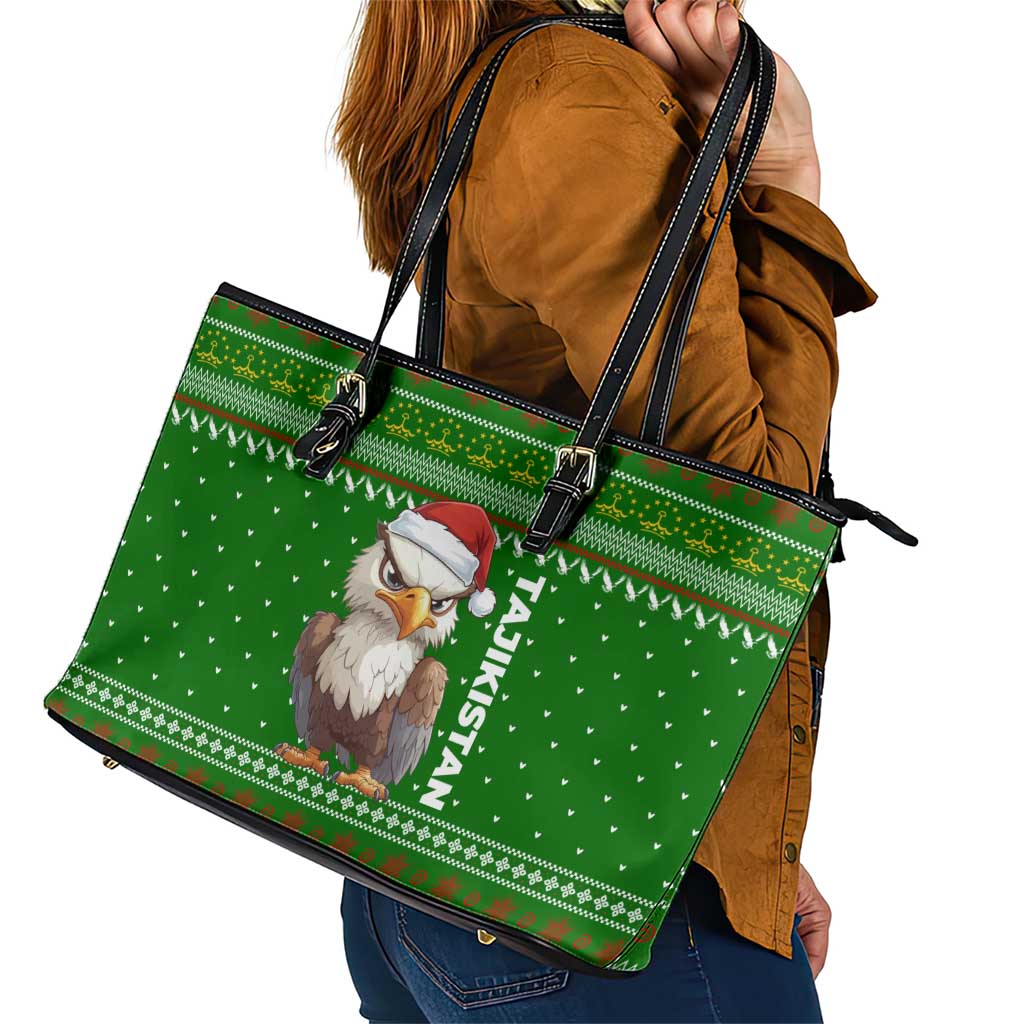 Tajikistan Christmas Leather Tote Bag with Santa Hat Eagle Green Snowflake Pattern and Holiday Design - Wonder Print Shop