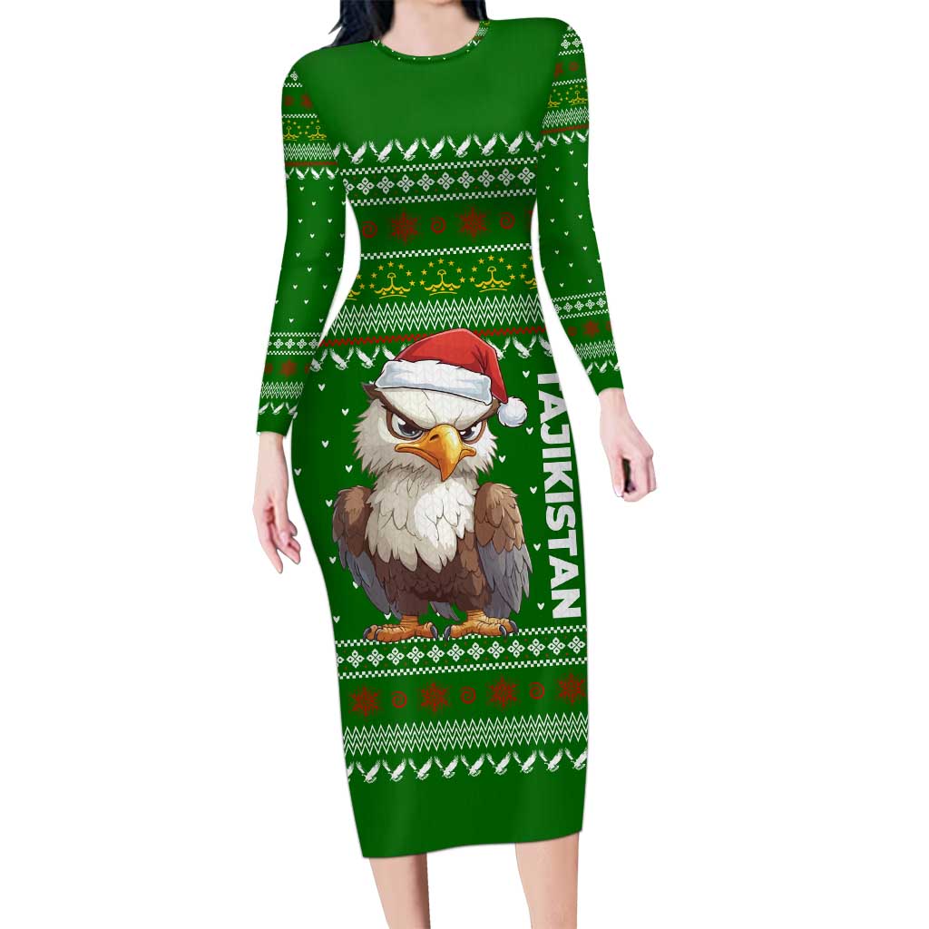 Tajikistan Christmas Long Sleeve Bodycon Dress with Santa Hat Eagle Green Snowflake Pattern and Holiday Design - Wonder Print Shop