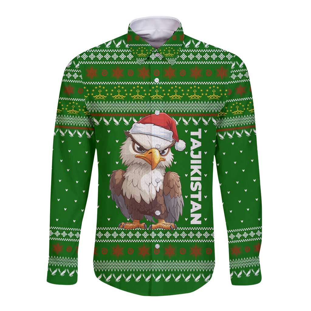 Tajikistan Christmas Long Sleeve Button Shirt with Santa Hat Eagle Green Snowflake Pattern and Holiday Design - Wonder Print Shop