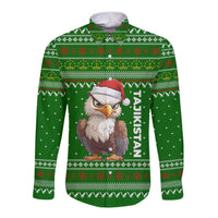 Tajikistan Christmas Long Sleeve Button Shirt with Santa Hat Eagle Green Snowflake Pattern and Holiday Design - Wonder Print Shop