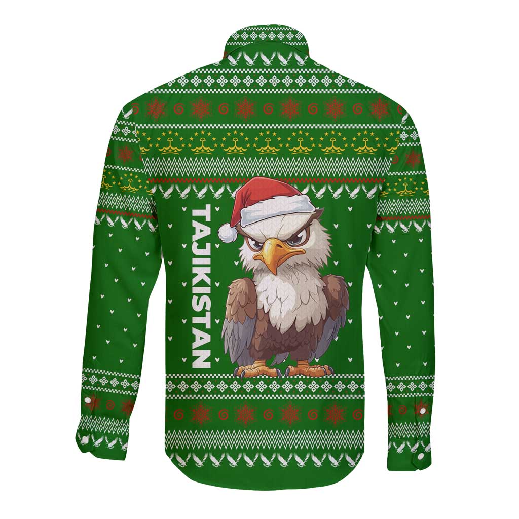 Tajikistan Christmas Long Sleeve Button Shirt with Santa Hat Eagle Green Snowflake Pattern and Holiday Design - Wonder Print Shop
