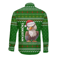 Tajikistan Christmas Long Sleeve Button Shirt with Santa Hat Eagle Green Snowflake Pattern and Holiday Design - Wonder Print Shop