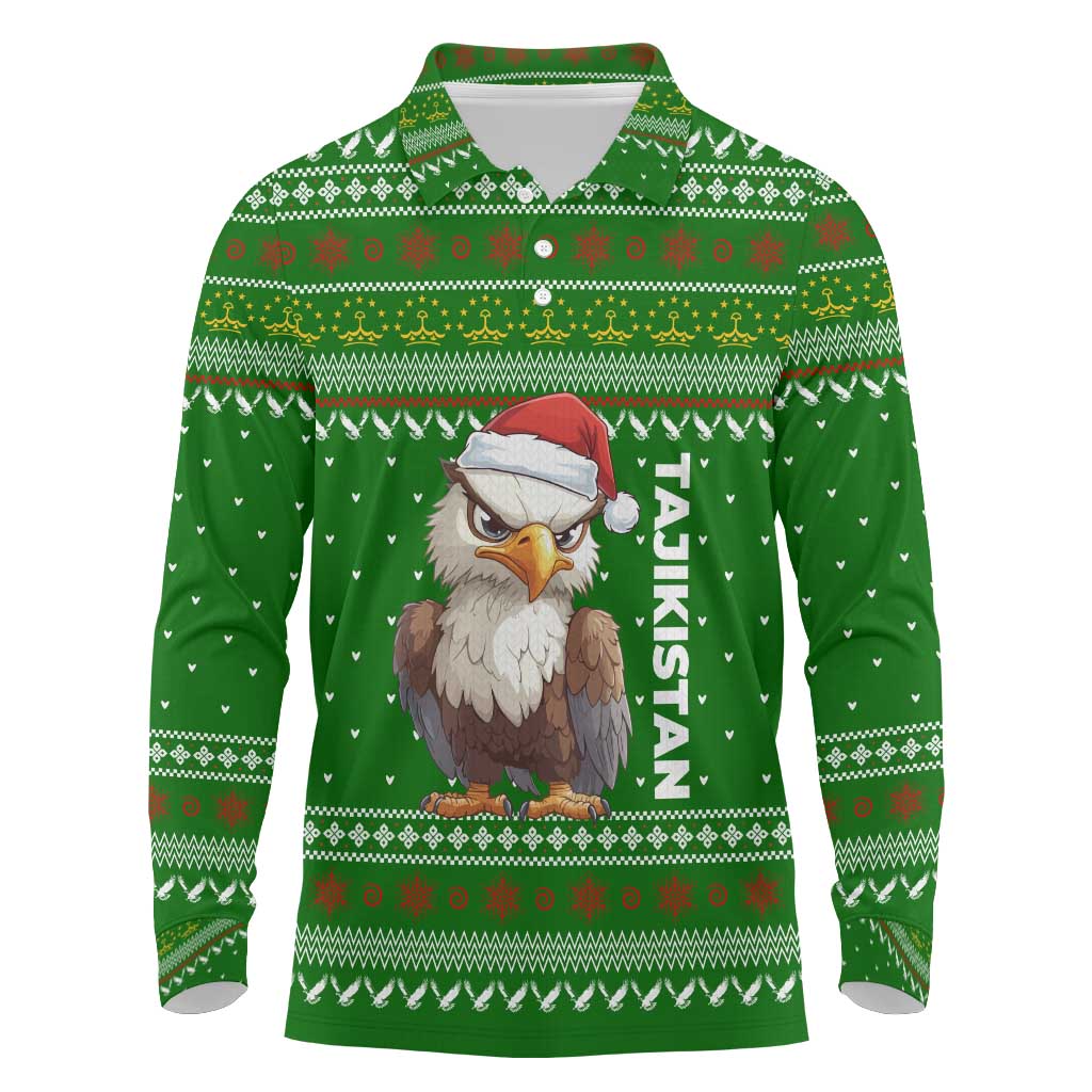 Tajikistan Christmas Long Sleeve Polo Shirt with Santa Hat Eagle Green Snowflake Pattern and Holiday Design - Wonder Print Shop