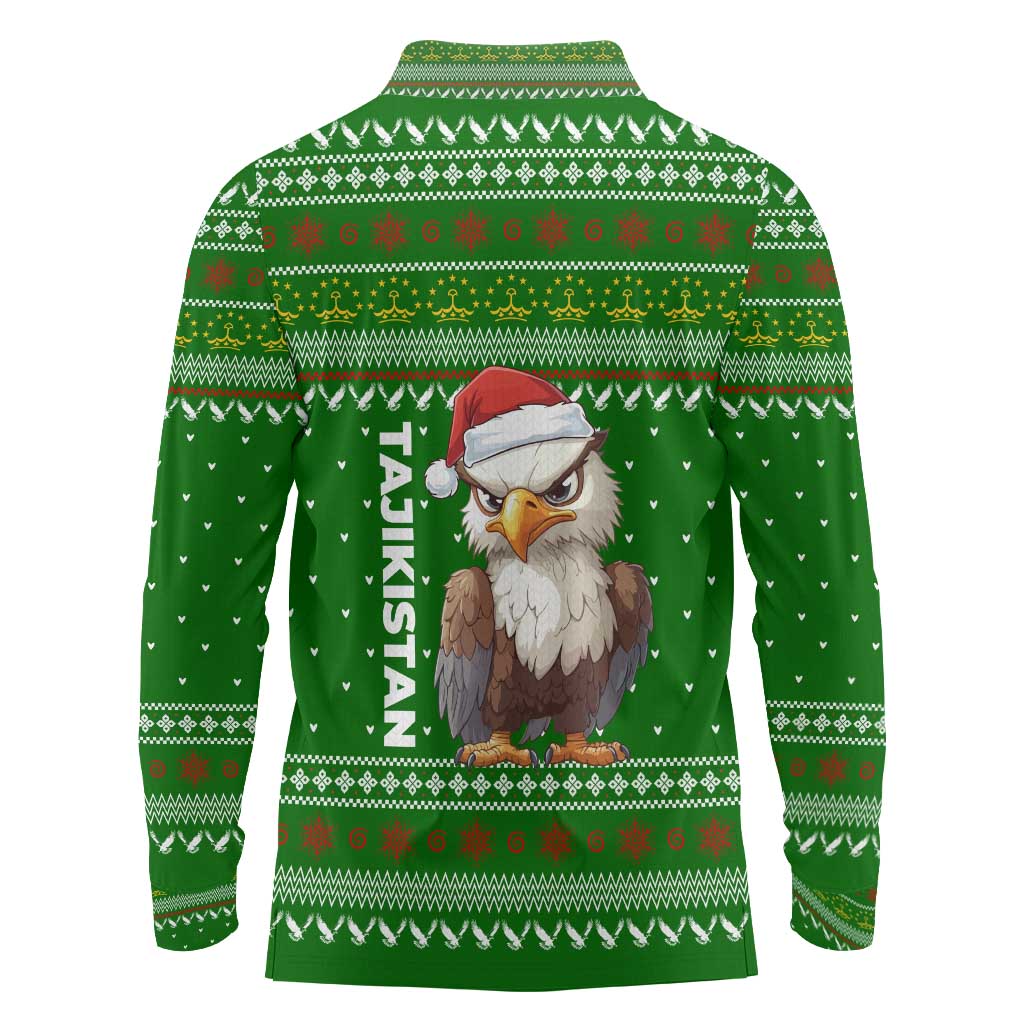 Tajikistan Christmas Long Sleeve Polo Shirt with Santa Hat Eagle Green Snowflake Pattern and Holiday Design - Wonder Print Shop