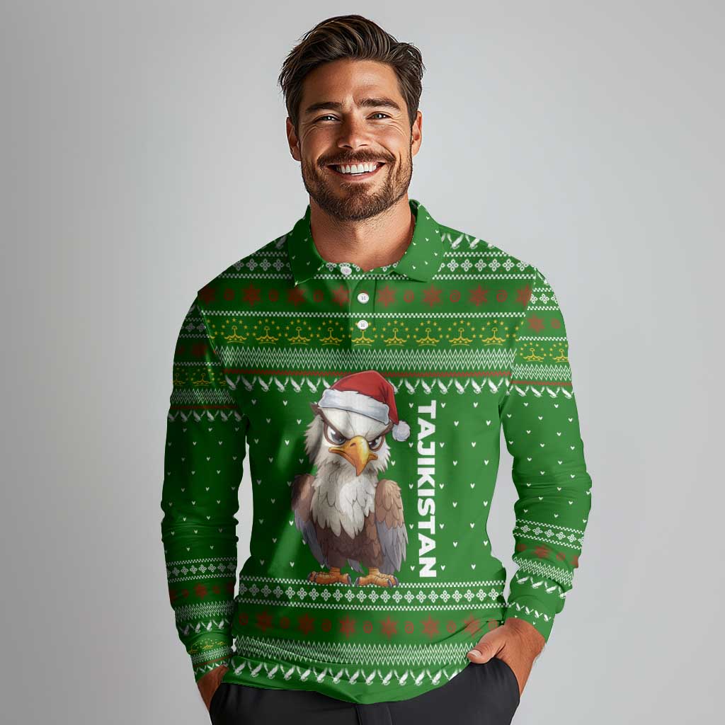 Tajikistan Christmas Long Sleeve Polo Shirt with Santa Hat Eagle Green Snowflake Pattern and Holiday Design - Wonder Print Shop