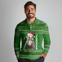 Tajikistan Christmas Long Sleeve Polo Shirt with Santa Hat Eagle Green Snowflake Pattern and Holiday Design - Wonder Print Shop