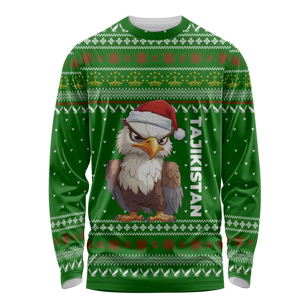 Tajikistan Christmas Long Sleeve Shirt with Santa Hat Eagle Green Snowflake Pattern and Holiday Design - Wonder Print Shop