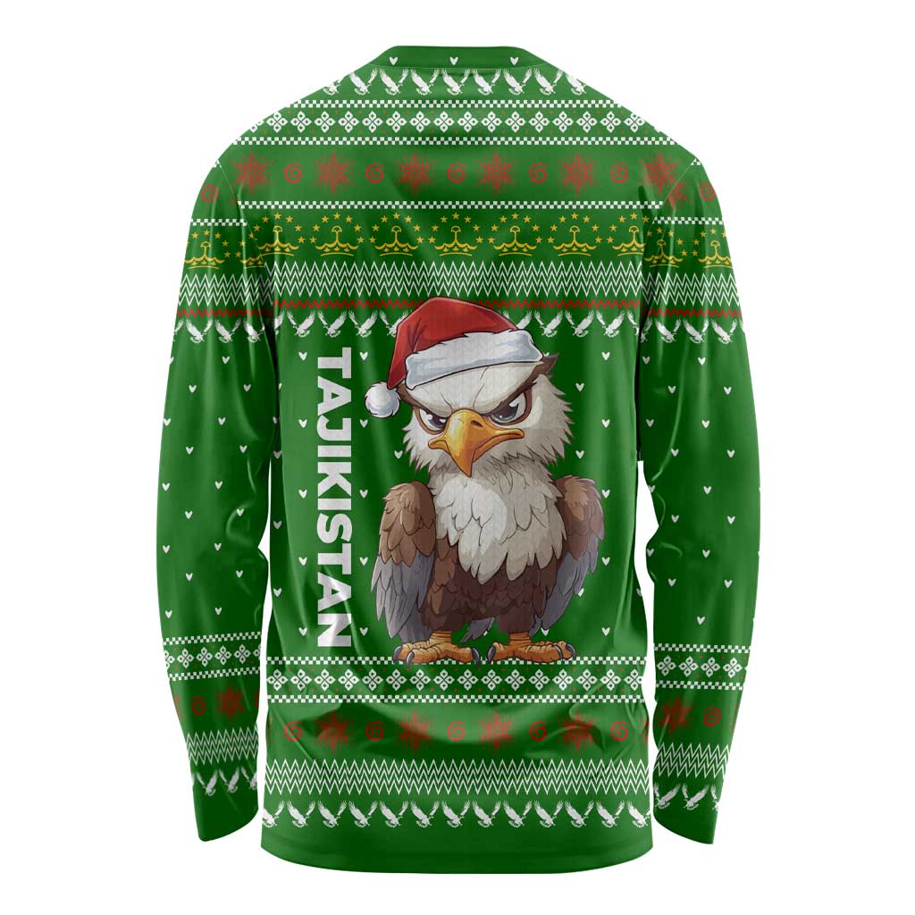 Tajikistan Christmas Long Sleeve Shirt with Santa Hat Eagle Green Snowflake Pattern and Holiday Design - Wonder Print Shop