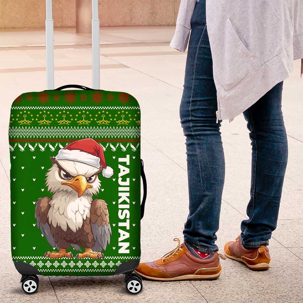 Tajikistan Christmas Luggage Cover with Santa Hat Eagle Green Snowflake Pattern and Holiday Design - Wonder Print Shop