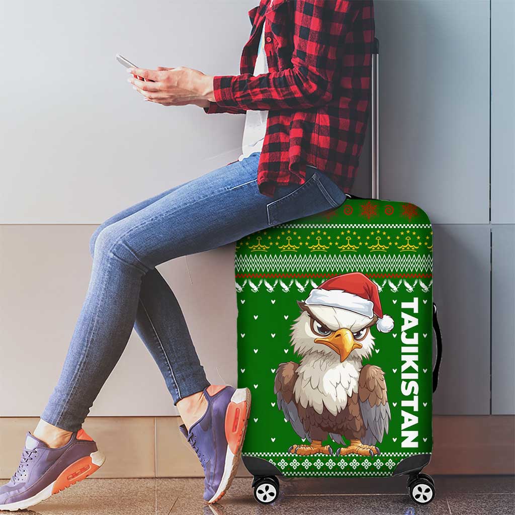 Tajikistan Christmas Luggage Cover with Santa Hat Eagle Green Snowflake Pattern and Holiday Design - Wonder Print Shop