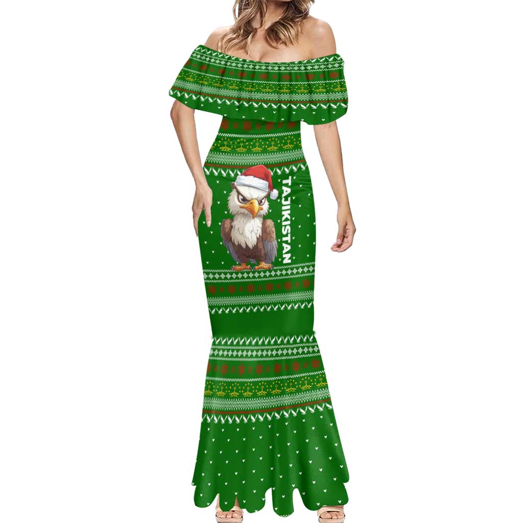 Tajikistan Christmas Mermaid Dress with Santa Hat Eagle Green Snowflake Pattern and Holiday Design - Wonder Print Shop