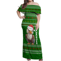Tajikistan Christmas Off Shoulder Maxi Dress with Santa Hat Eagle Green Snowflake Pattern and Holiday Design - Wonder Print Shop