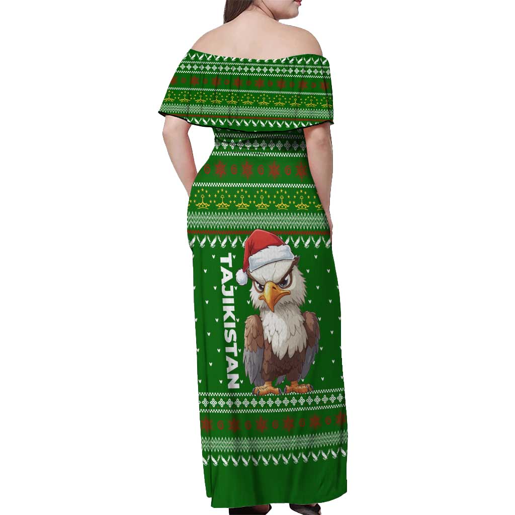 Tajikistan Christmas Off Shoulder Maxi Dress with Santa Hat Eagle Green Snowflake Pattern and Holiday Design - Wonder Print Shop